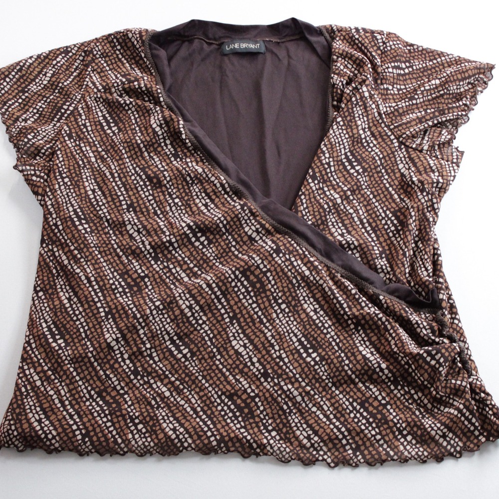 Lane Bryant Brown Geometric AOP Wrap V-Neck Flutter Sleeve Top XL Office Work